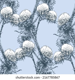 Seamless pattern of sketches frozen wildflowers under snow