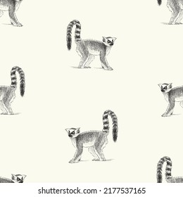 Seamless Pattern Of Sketches Funny Lemur 