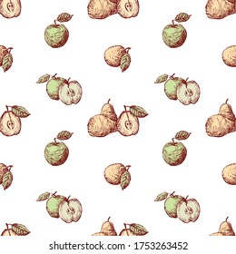 Seamless pattern of sketches green apples and yellow pears