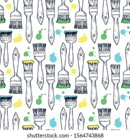 Seamless pattern of sketches of hands with paint and splatters.