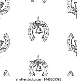 Seamless pattern of sketches of horseshoes with handbells