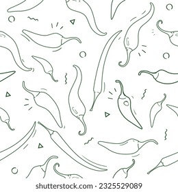 Seamless pattern with sketches of hot peppers. Hand-drawn spices. Vector illustration isolated on white background. 