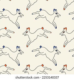 Seamless pattern of sketches of jumping wild fallow deer, fabulous background.