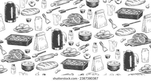 Seamless pattern with sketches of kitchen utensils for cooking. Background with kettle, spatula, measuring cup, peeler, spice packs, baking tray, roast beef on cutting board. Hand drawn illustration