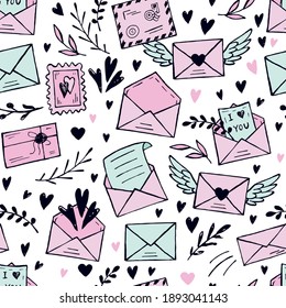 
Seamless pattern with sketches of letters and hearts.