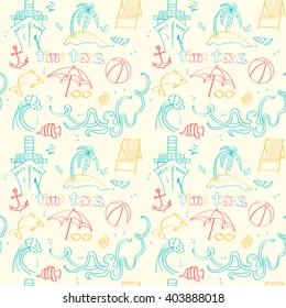 Seamless pattern of the sketches of marine elements and beach holidays