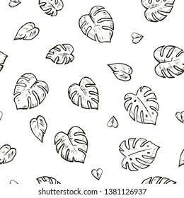 Seamless pattern sketches of monstera leaves.