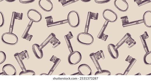 Seamless pattern of sketches obsolete rusty keys, realistic hand drawings, vector background, wallpaper, paper, textile