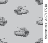 Seamless pattern of sketches old battle tanks of Second world War