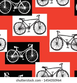 Seamless pattern of sketches of old bicycles