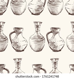 Seamless pattern of sketches old ceramic greek pitchers