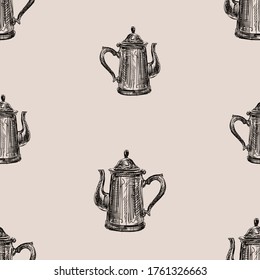 Seamless pattern of sketches old coffee pot
