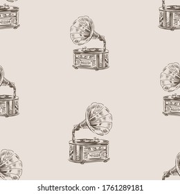 Seamless pattern from sketches of old gramophone