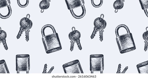 Seamless pattern of sketches old padlocks and keys, vector hand drawn background, paper, wallpaper
