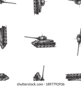 Nahtloses Muster aus Skizzen alter Panzer des Zweiten Weltkriegs