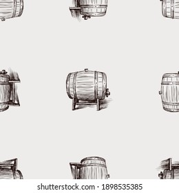 Seamless pattern from sketches of old wooden wine barrels