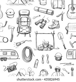 Seamless pattern of sketches on the theme of hiking , camping. 
