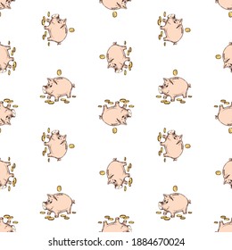 Seamless pattern of sketches piggy banks with gold coins