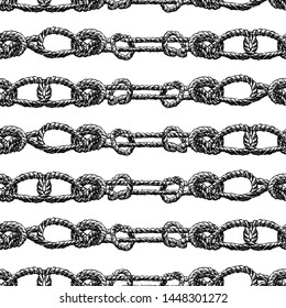 Seamless pattern of sketches of rigging rope tied in knots