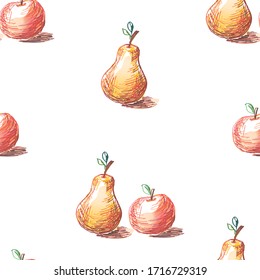 Seamless pattern of sketches ripe apples and pears