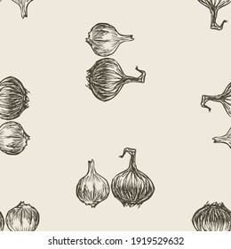 Seamless pattern of sketches ripe onion and garlic