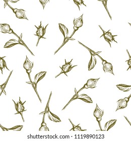 Seamless pattern with sketches of rose buds on a white background.Vector vintage illustration. Monochrome drawing.