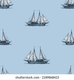 Seamless pattern of sketches sailing boat in the sea