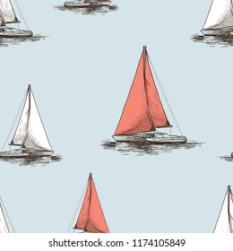 Seamless pattern of the sketches of sailing boats