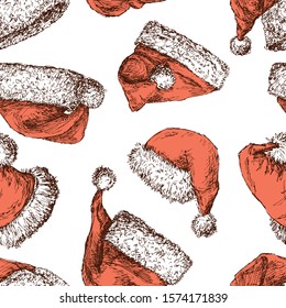 Seamless pattern of sketches Santa Claus hats