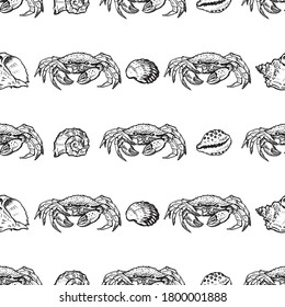 Seamless pattern of sketches sea lobsters with seashells