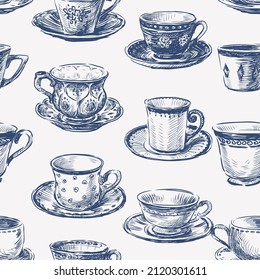 Seamless pattern of sketches set various vintage tea cups 