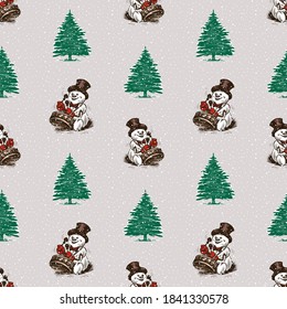 Seamless pattern of sketches snowmen drummers and christmas trees in snowfall