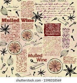 Seamless pattern with sketches of spices. Mulled wine pattern. Vector image.