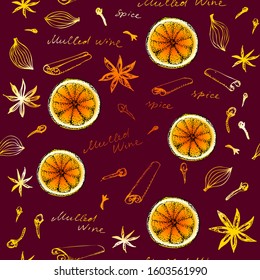 Seamless pattern with sketches of spices. Mulled wine pattern. Vector image.