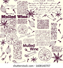Seamless pattern with sketches of spices. Mulled wine pattern. Vector image.
