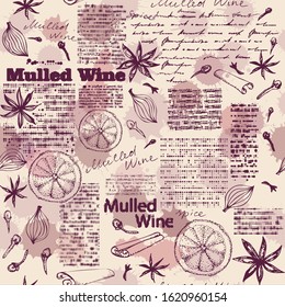 Seamless pattern with sketches of spices. Mulled wine pattern. Vector image.