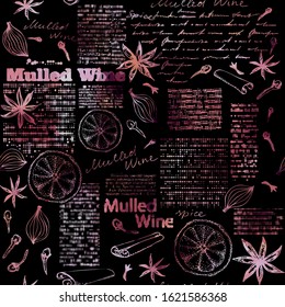 Seamless pattern with sketches of spices. Mulled wine pattern. Vector image.