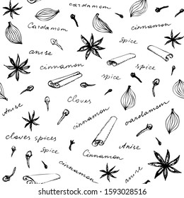 Seamless pattern with sketches of spices. There are cinnamon, anise, cardamom and clove. Vector image.