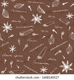 Seamless pattern with sketches of spices. There are cinnamon, anise, cardamom and clove. Vector image.