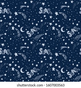 Seamless pattern with sketches of stars and comet against a dark background.