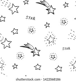 Seamless pattern with sketches of stars on a white background.