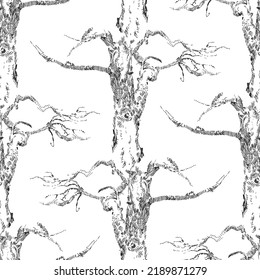 Seamless pattern of sketches trees trunks with branches