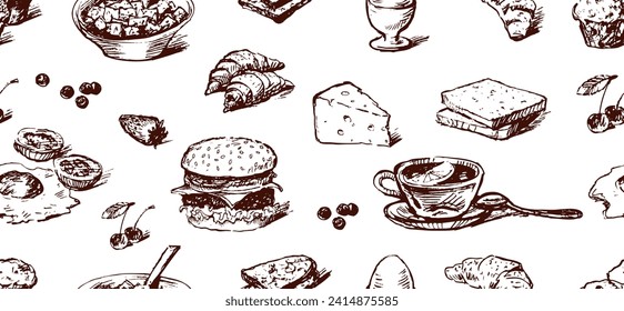 Seamless pattern of sketches various breakfast products, muffins, muesli, bread, egg, croissants, berries, cheese, scrambled eggs, sandwich, tea cup,lemon, vector background for paper