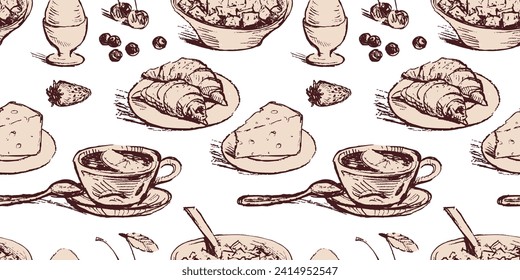 Seamless pattern of sketches various breakfast products, muesli,boiled egg, croissants, berries, cheese, tea cup,lemon, vector background for paper