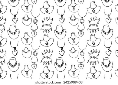 Seamless pattern of sketches various female jewerly on mannequin. Vector illustration isolated. Can used for textile, wrapping paper, cover design, beauty background. 