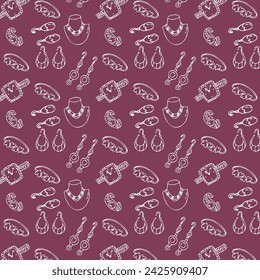 Patrón sin fisuras de bocetos de varias joyas femeninas, reloj, collar sobre fondo rojo oscuro. Ilustración vectorial aislada. Se puede utilizar para el textil, papel de embalaje, diseño de la cubierta, fondo de belleza. 