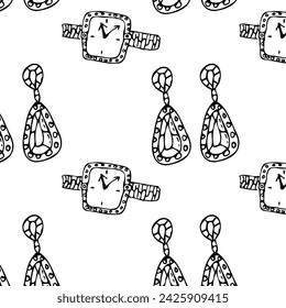 Seamless pattern of sketches various female jewerly. Vector illustration isolated. Can used for textile, wrapping paper, cover design, beauty background. 