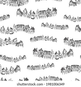 Seamless pattern of sketches various fictional cartoon houses