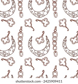 Seamless pattern of sketches various necklace and clover earrings. Vector illustration isolated. Can used for textile, wrapping paper, cover design, beauty background. 