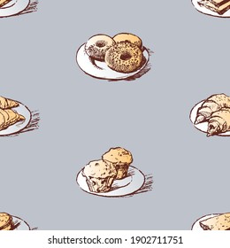 Seamless pattern of sketches various pastries for breakfast